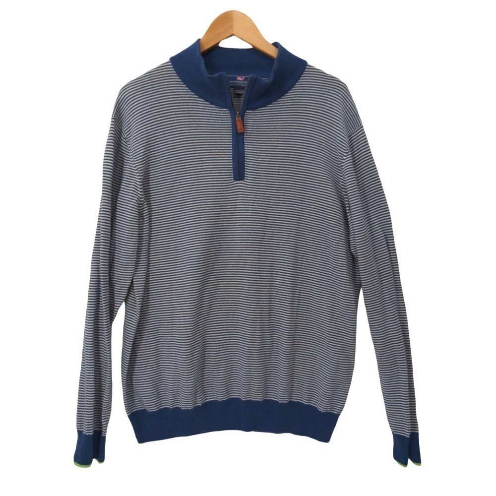 Vineyard Vines Pullover Sweater Womens M Blue White Quarter Zip Pima Cotton